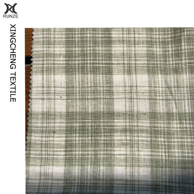 Green And White Check Linen Fabric For Suits With High- 21S*21S Yarn Count Yarn Dyed