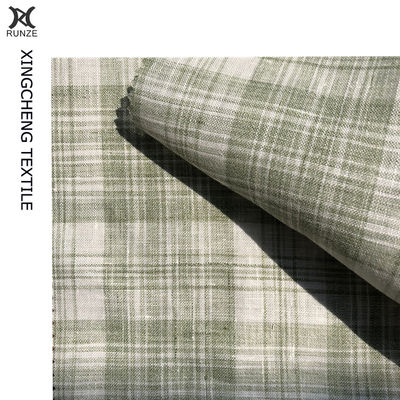 Green And White Check Linen Fabric For Suits With High- 21S*21S Yarn Count Yarn Dyed