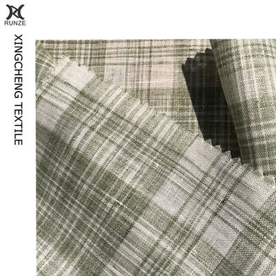 Green And White Check Linen Fabric For Suits With High- 21S*21S Yarn Count Yarn Dyed