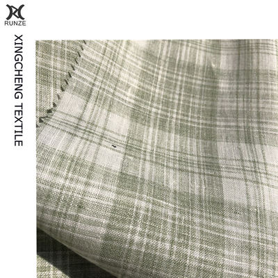 Green And White Check Linen Fabric For Suits With High- 21S*21S Yarn Count Yarn Dyed