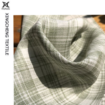 Green And White Check Linen Fabric For Suits With High- 21S*21S Yarn Count Yarn Dyed