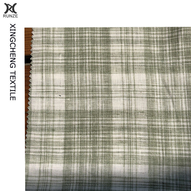 Green And White Check Linen Fabric For Suits With High- 21S*21S Yarn Count Yarn Dyed
